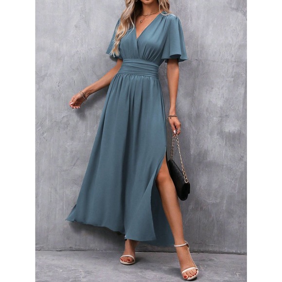 v neck Butterfly Sleeve Split Thigh maxi Dress black - Picture 9 of 11